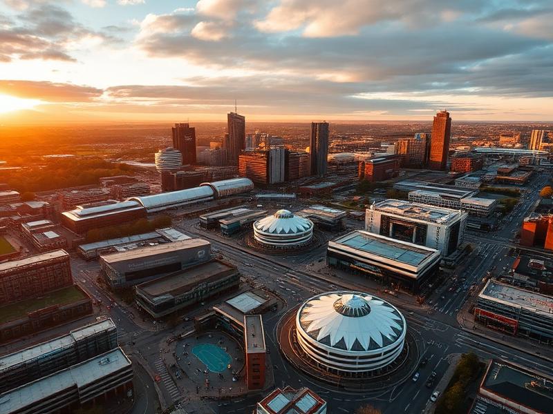 Aerial view of Birmingham city centre at sunset