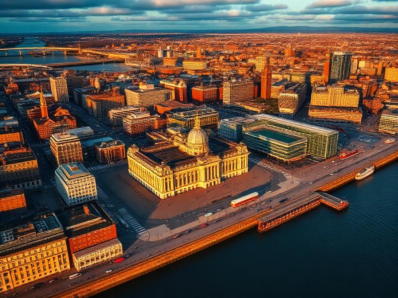 Aerial view of Liverpool waterfront and Royal Liver Building