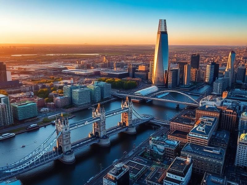 Aerial view of London with Tower Bridge and the Shard