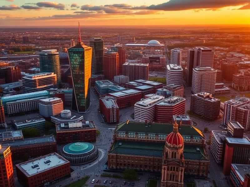 Aerial view of Manchester city centre at golden hour