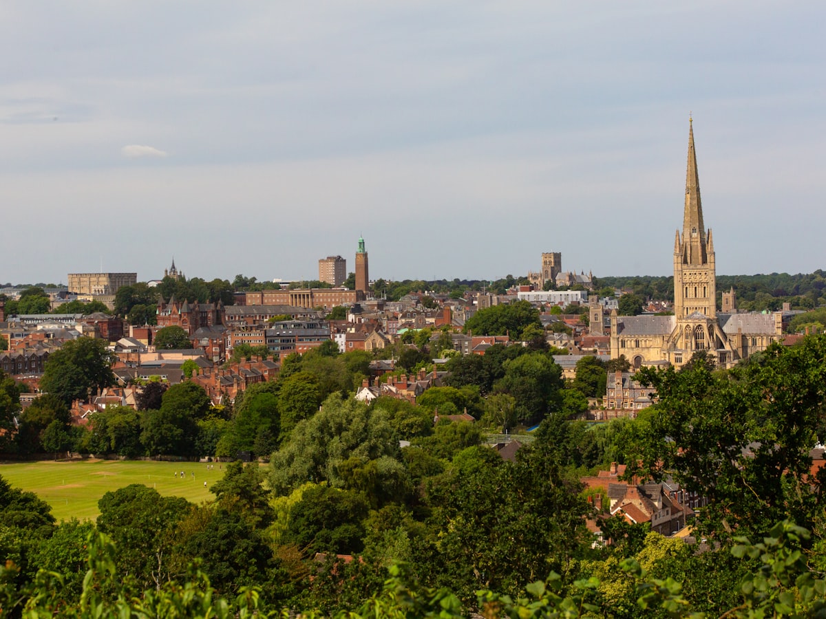 Aerial view of Norwich Cathedral and the city centre