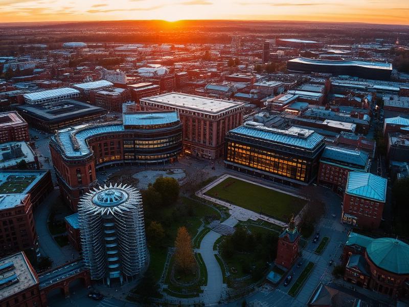Aerial view of Sheffield city centre at sunset