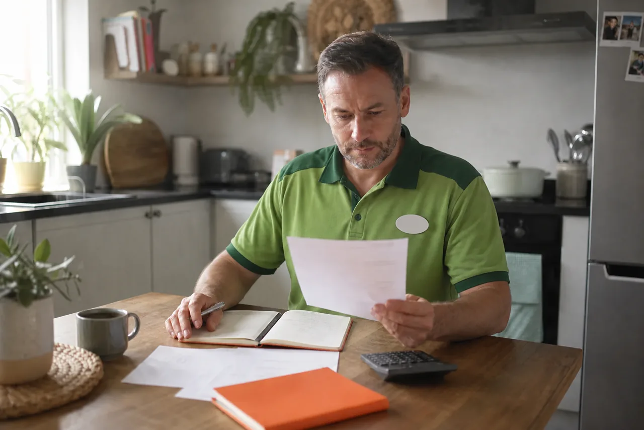 A retail worker reviewing a redundancy letter and pay figures at home
