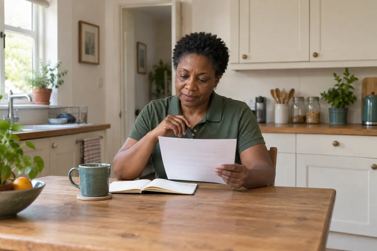 Illustration of a woman reading employment paperwork at home