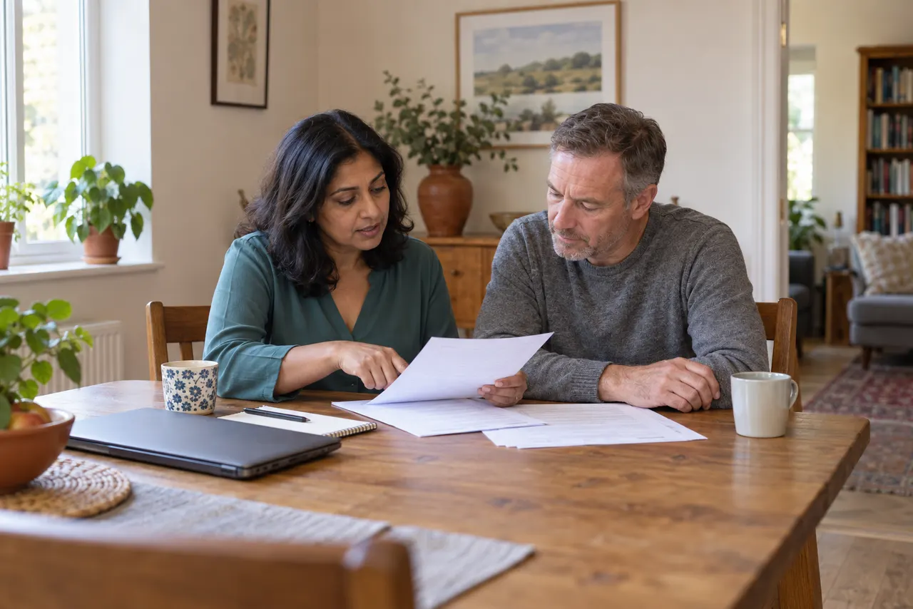 Illustration of a woman and a man reviewing employment paperwork together at home