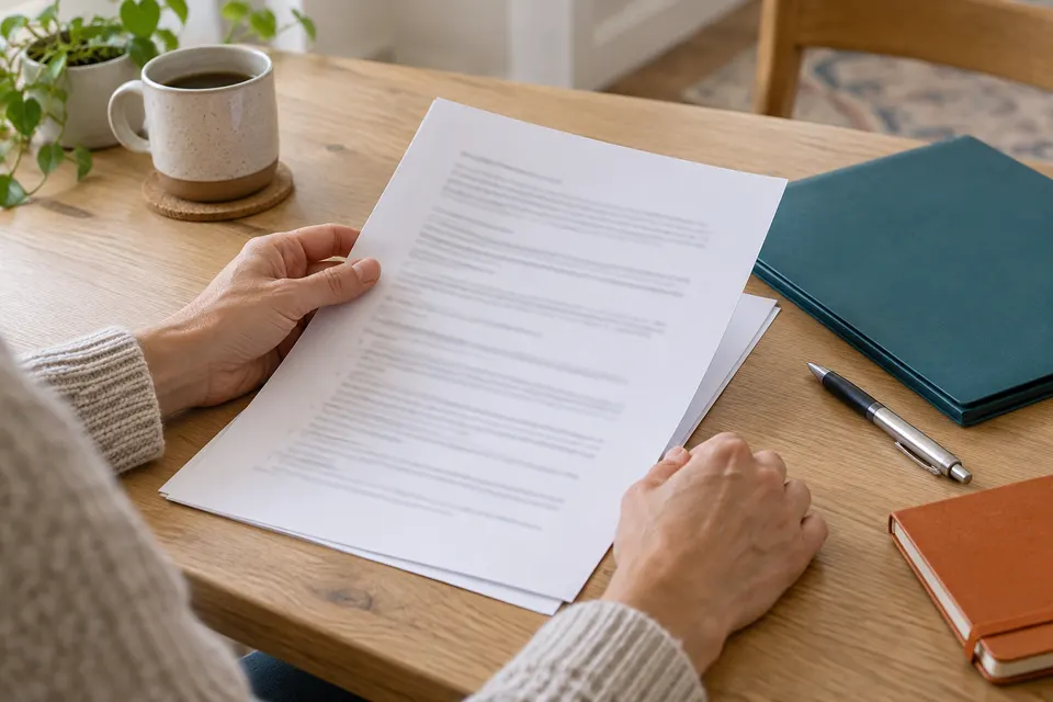 Illustration of someone reading an agreement, with a pen and document folder beside it